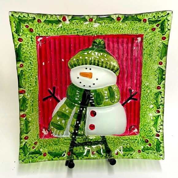 Vintage Snowman Square Glass Plate/Serving Dish - Picture 1 of 4